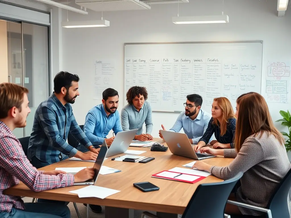 An image of a diverse group of entrepreneurs brainstorming ideas in a modern office space, representing innovation and collaboration.