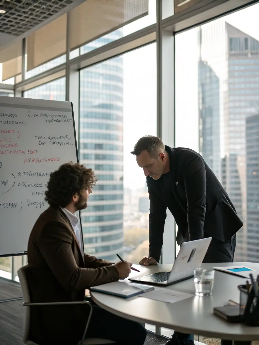 A professional entrepreneur in a modern office, receiving guidance from a coach, both smiling and looking at a business plan, symbolizing strategic planning.