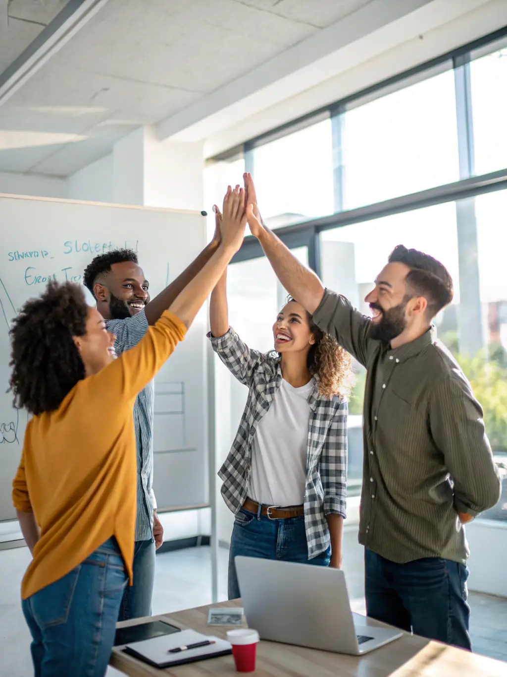 A successful Canadian startup founder celebrating a milestone with their team, with a coach observing and providing ongoing support, highlighting Canadian success.