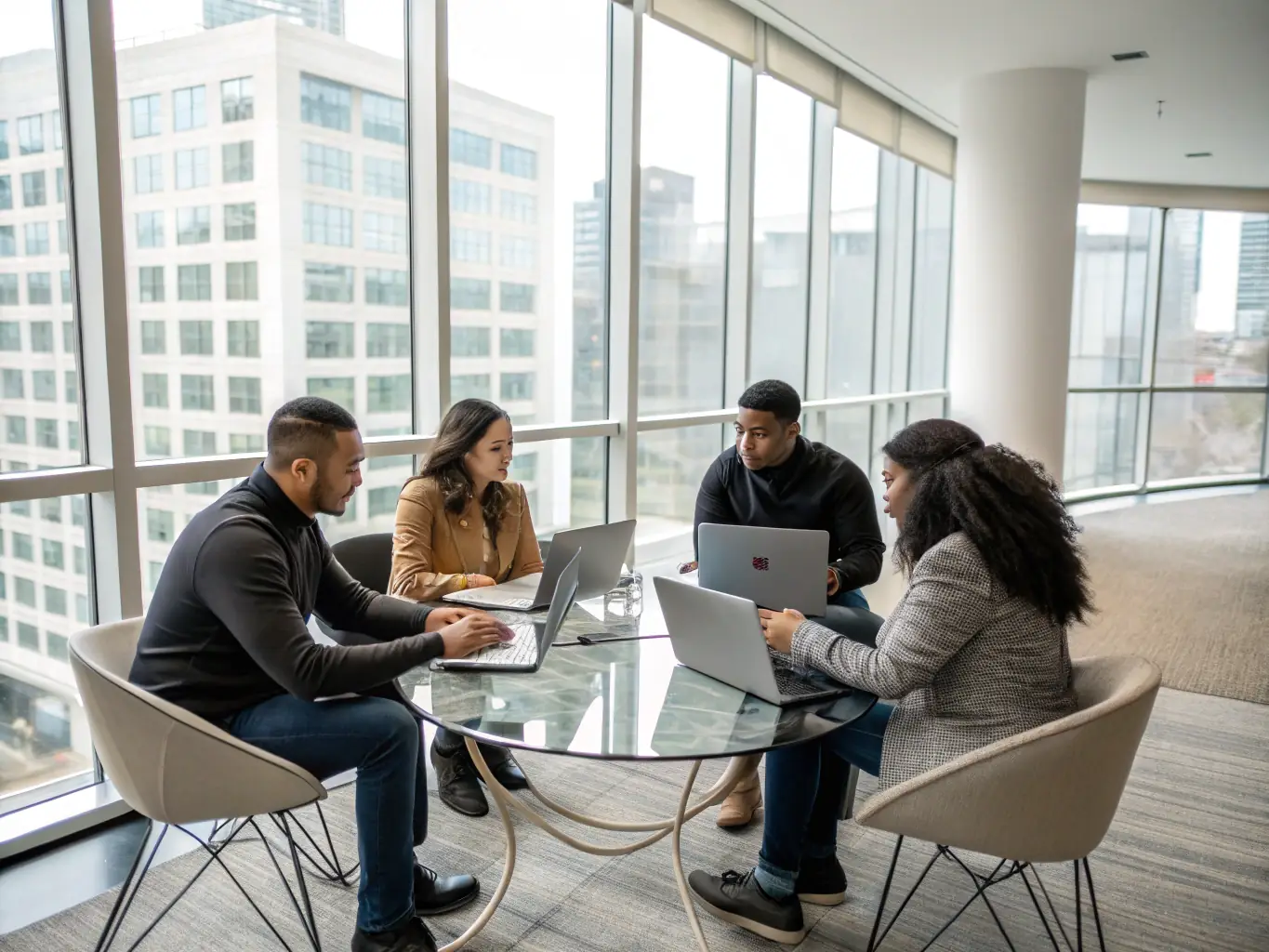 A modern office space with young professionals collaborating on a project, representing a successful Canadian startup.